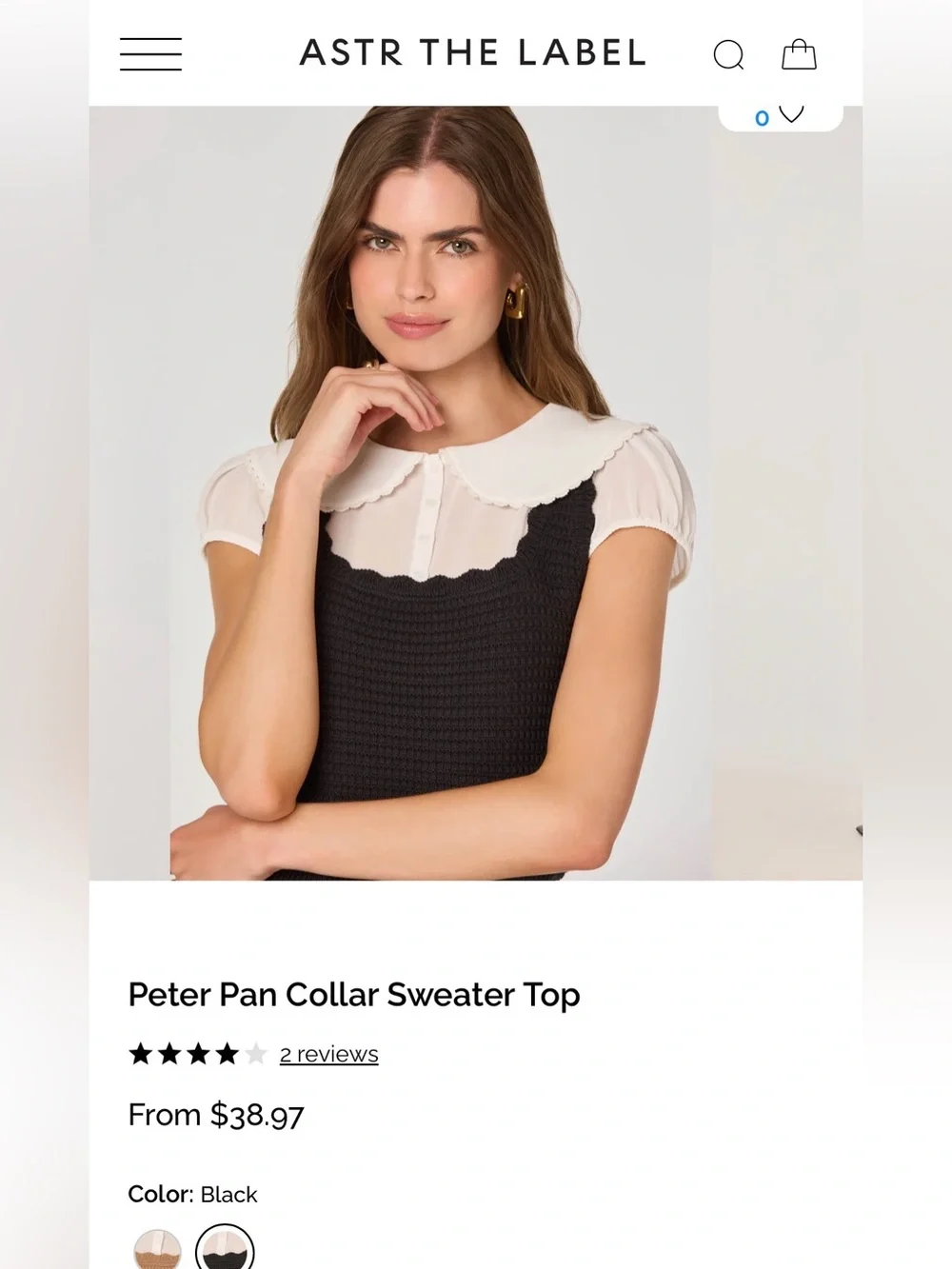 Astr The Label Peter Pan Collar Sweater Top Size Small in Black